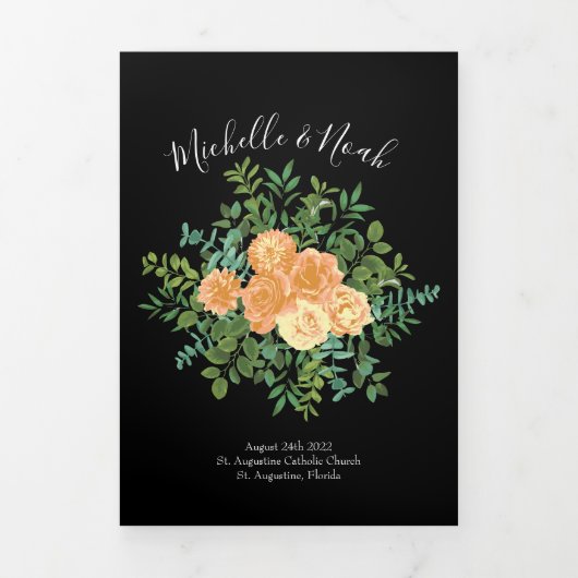 Peach Black Peony Roos Wedding Programs Drieluik Programma (Cover)