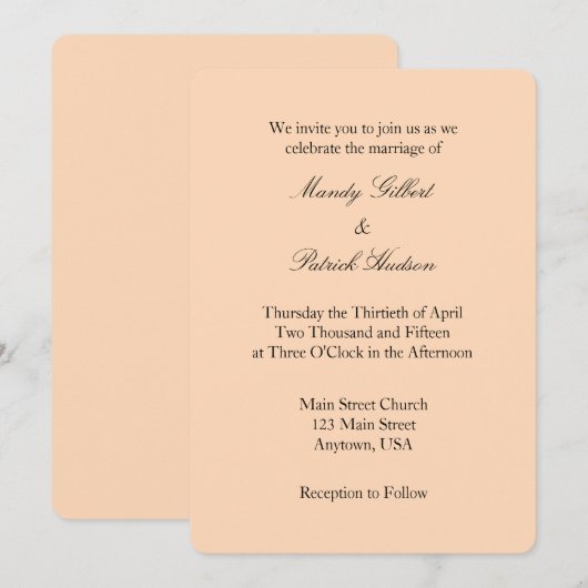 Peach Black Plain Simple Wedding Invitation Kaart (Voorkant / Achterkant)