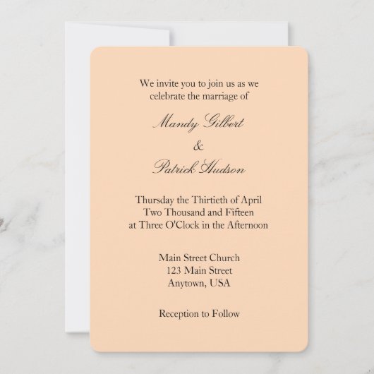 Peach Black Plain Simple Wedding Invitation Kaart (Voorkant)