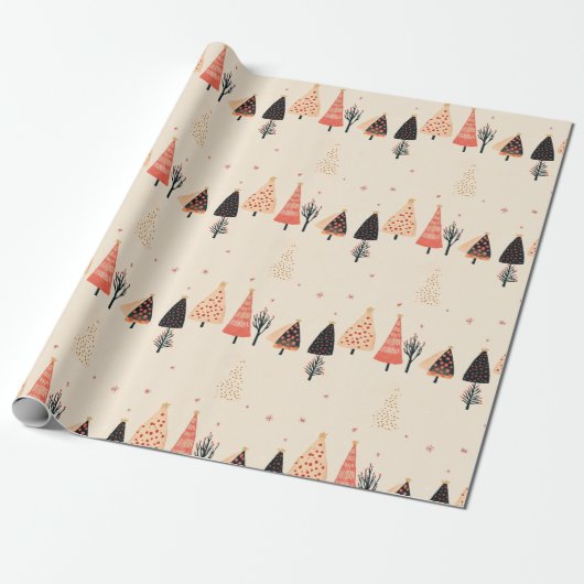 Peach, Black Polka Dot Trees with Snowflakes Cadeaupapier (Uitgerold)