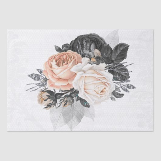 Peach-Black Silver Floral Lace Bouquet Decoupage Tissuepapier (Voorkant)