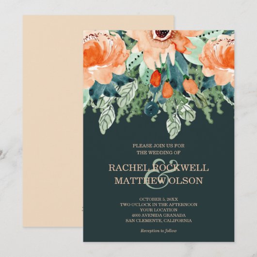Peach Blauwgroen Floral Waterverf Wedding Invitati (Voorkant / Achterkant)
