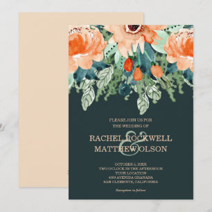 Peach Blauwgroen Floral Waterverf Wedding Invitati