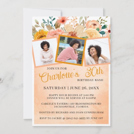 Peach Bloemen Foto Verjaardag Bash Party Uitnodige Kaart (Voorkant)