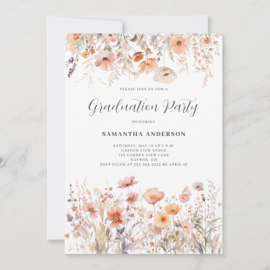 Peach Bloemen Graduation Party Uitnodiging (Voorkant)