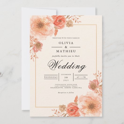 Peach Blossom Border Wedding Kaart (Voorkant)
