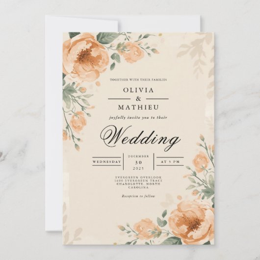 Peach Blossom Botanical Elegance Wedding Kaart (Voorkant)