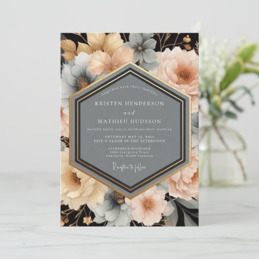 Peach Blossom Botanical Romance Wedding Kaart (Staand voorkant)
