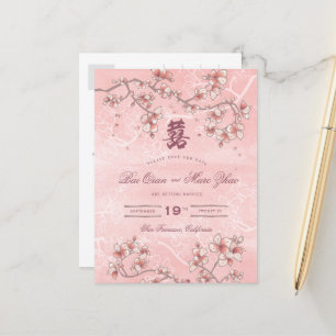 Peach Blossom Double Happiness Chinese bruiloft Aankondigingskaart