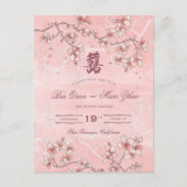 Peach Blossom Double Happiness Chinese bruiloft Aankondigingskaart (Voorkant)