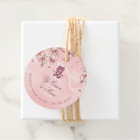 Peach Blossom Double Happiness Chinese bruiloft Bedankjes Labels (In situ)