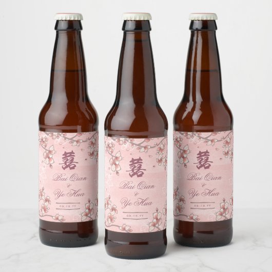 Peach Blossom Double Happiness Chinese bruiloft Bier Etiket (Flessen)
