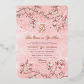 Peach Blossom Double Happiness Chinese bruiloft Folie Uitnodiging (Voorkant)