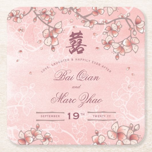 Peach Blossom Double Happiness Chinese bruiloft Kartonnen Onderzetters (Voorkant)