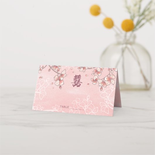 Peach Blossom Double Happiness Chinese bruiloft Plaatskaartje (Voorkant)