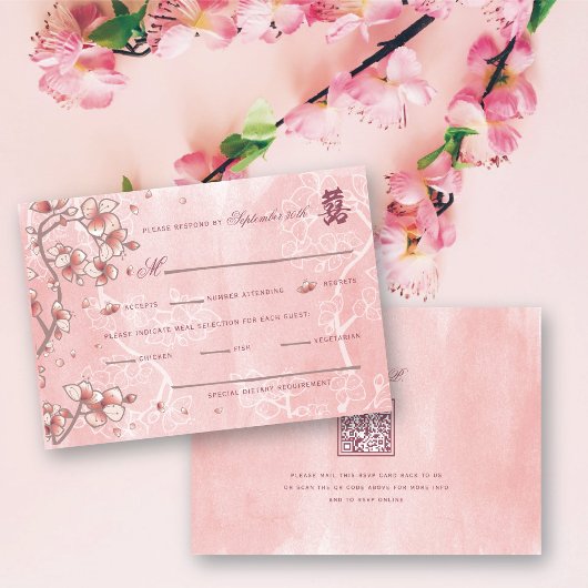 Peach Blossom Double Happiness Chinese bruiloft RSVP Kaartje
