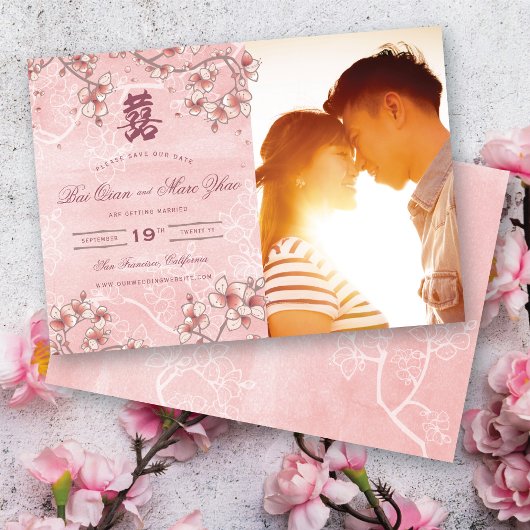Peach Blossom Double Happiness Chinese bruiloft Save The Date