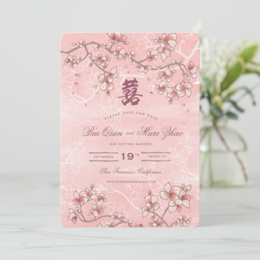 Peach Blossom Double Happiness Chinese bruiloft Save The Date (Staand voorkant)
