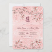 Peach Blossom Double Happiness Chinese bruiloft Save The Date (Voorkant)