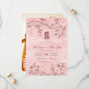 Peach Blossom Double Happiness Chinese bruiloft Save The Date