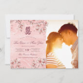 Peach Blossom Double Happiness Chinese bruiloft Save The Date (Voorkant)