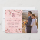 Peach Blossom Double Happiness Chinese bruiloft Save The Date (Voorkant)