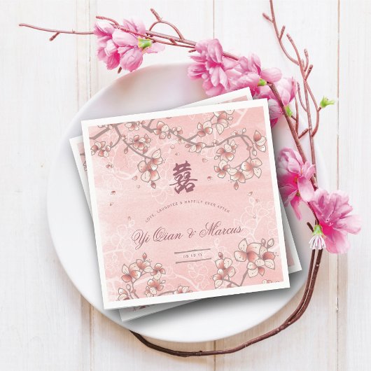 Peach Blossom Double Happiness Chinese bruiloft Servet