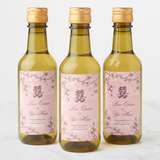 Peach Blossom Double Happiness Chinese bruiloft Wijn Etiket (Flessen)