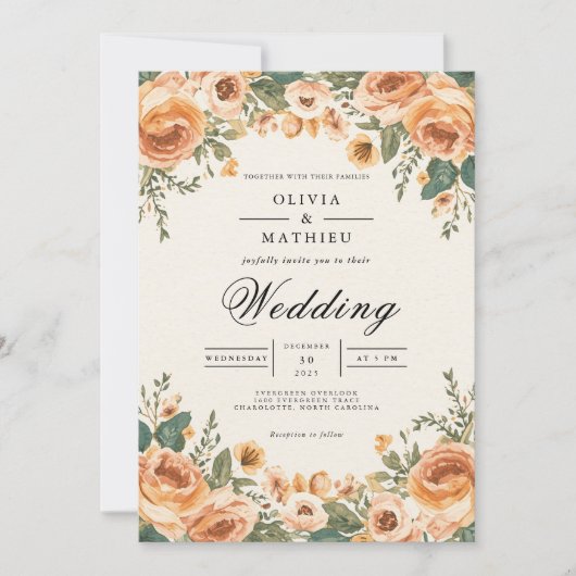 Peach Blossom Floral Frame Wedding Kaart (Voorkant)