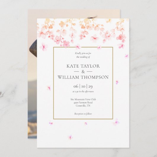 Peach Blossom Floral Photo Wedding Kaart (Voorkant / Achterkant)