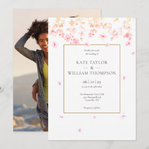 Peach Blossom Floral Photo Wedding Kaart