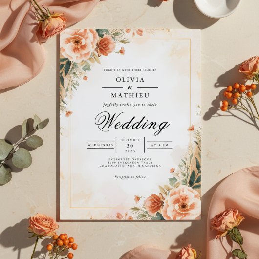 Peach Blossom Flourish Wedding Kaart