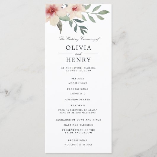 Peach Blossom huwelijksceremonie programma Programmakaart (Voorkant)