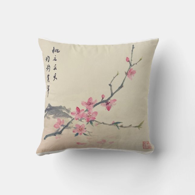 Peach Blossom Ink Artwork Sierkussen (Achterkant)