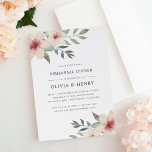 Peach Blossom rehearsal Dinner Invitation Kaart<br><div class="desc">Elegant en delicaat, onze uitnodiging voor het repetitief diner Peach Blossom bevat waterverf bloemen in gemuteerde tinten van perzik, stomp roze en sage groen in de hoeken, en vormde uw repetitieve dinergegevens in klassiek zwart schrijven. De kaarten keren om aan subtiele sage groene toon-op-toon strepen om. Een prachtige keuze voor...</div>