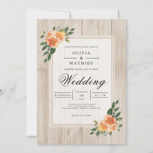 Peach Blossom Rustic Wood Wedding Kaart (Voorkant)