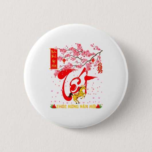 Peach Blossom Vietnamese Lunar New Year Horse 2026 Ronde Button 5,7 Cm (Voorkant)