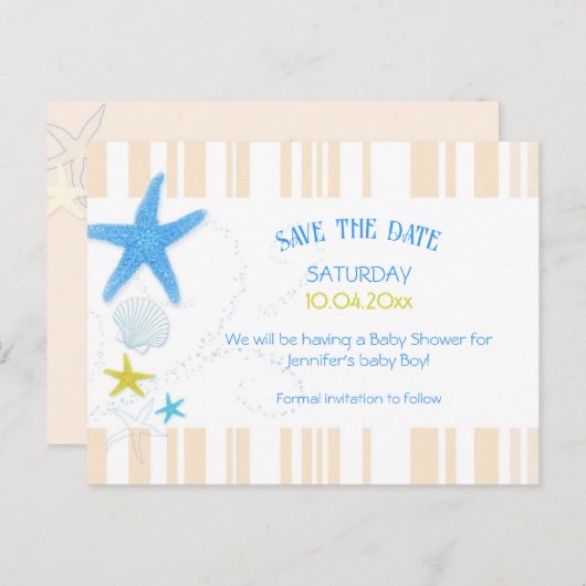Peach & Blue Beach Baby Boy Shower Bewaar de datum Aankondigingskaart (Voorkant / Achterkant)