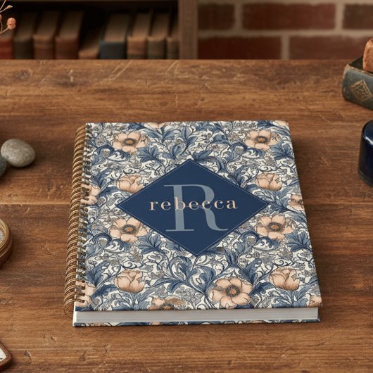 Peach Blue Floral William Morris Elegant Monogram Planner