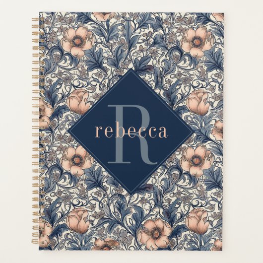 Peach Blue Floral William Morris Elegant Monogram Planner (Voorkant)