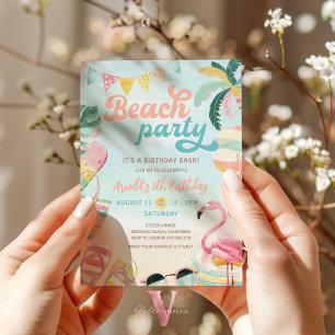 Peach Blue Kinder Strand Verjaardagsfeestje Uitnod Kaart