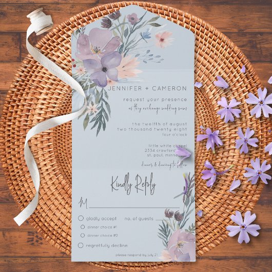 Peach Blue & Lavender Boho Floral Blue Dinner All In One Uitnodiging