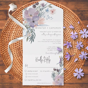 Peach Blue & Lavender Boho Floral White Dinner All In One Uitnodiging