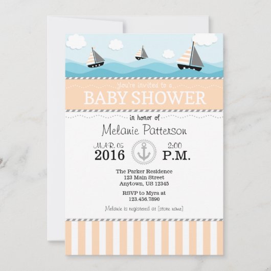 Peach Blue Nautical Baby shower Invitation Kaart (Voorkant)
