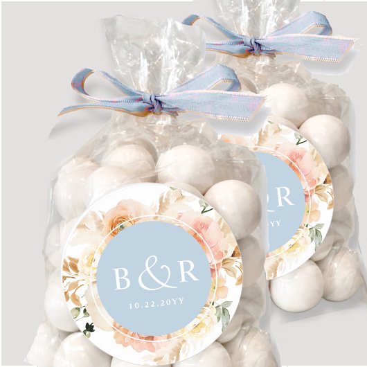 Peach Blush and Blue Wedding Envelope / Favor Ronde Sticker