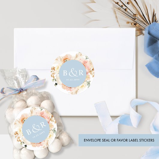 Peach Blush and Blue Wedding Envelope / Favor Ronde Sticker