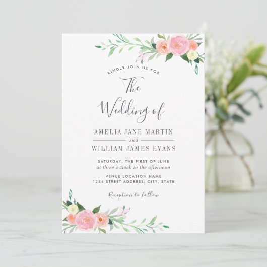 Peach Blush Bloemen Waterverf Huwelijksuitnodiging Kaart (Staand voorkant)