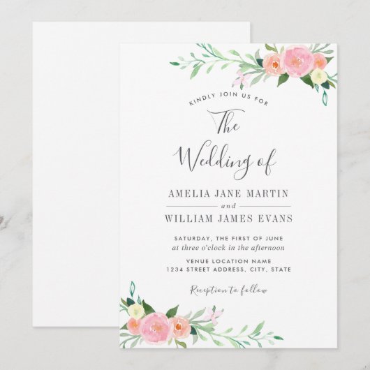 Peach Blush Bloemen Waterverf Huwelijksuitnodiging Kaart (Voorkant / Achterkant)