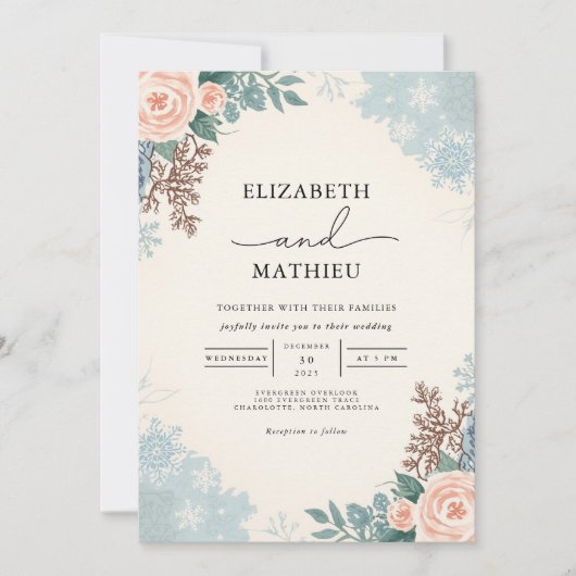 Peach Blush Bloemen Winter Wedding Kaart (Voorkant)