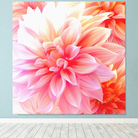 Peach Blush Dahlia Blossom Canvas Afdruk (Insitu (Houten vloer))